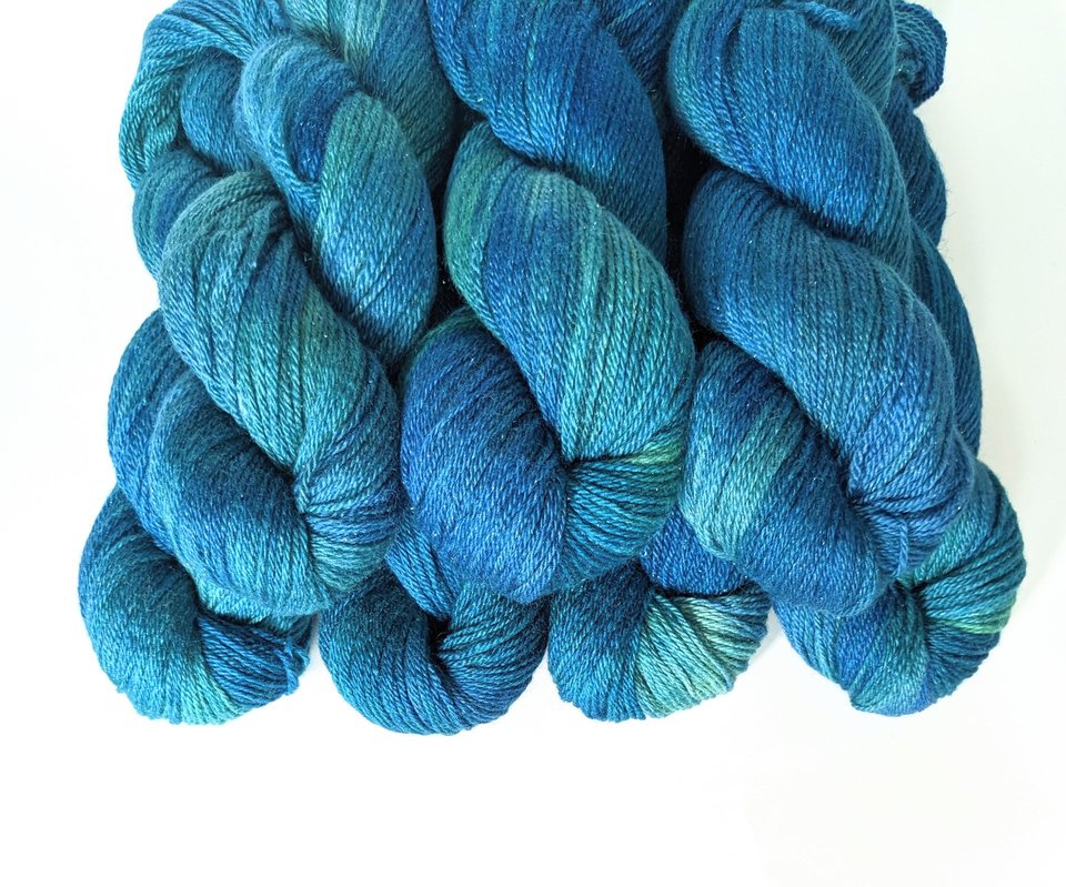 Hand Dyed. Hand Painted Yarn - BFL / Silk / Stellina - Blue Lagoon 