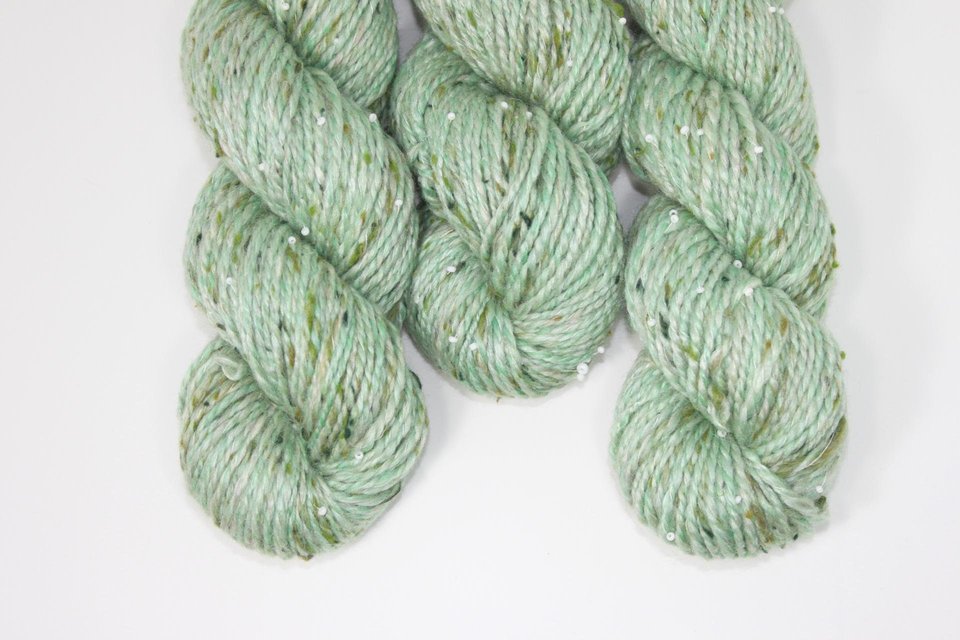 Handspun Beaded Yarn | Merino / Silk / Tweed | Pistachio Ice